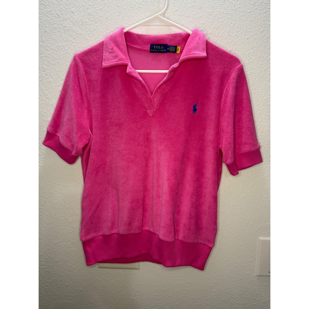 Polo Ralph Lauren Women Hot Pink Terry Cloth Short Sleeve Polo Shirt Size M